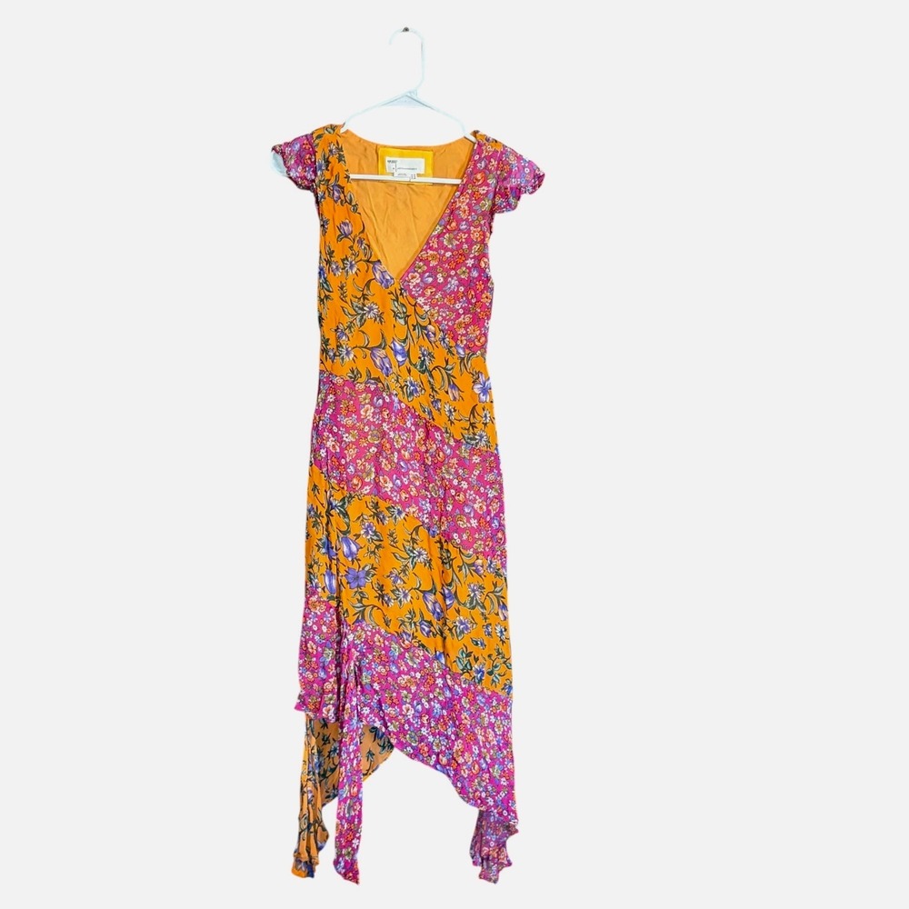 Anthropologie Floral Handkerchief Hem Midi Dress Petite 2 Mixed Print V-Neck‎